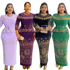 African Party Dresses for Women Plus Size Dashiki Diamond Bodycon Maxi Long Dress Elegant Turkey Muslim Wedding Evening Gown