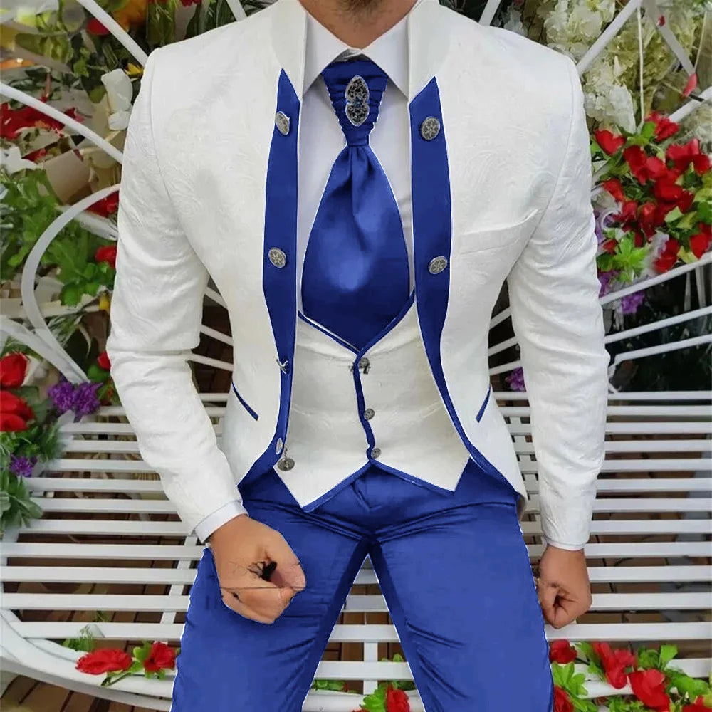 Royal blue Showlu men's 3-piece wool tuxedo suit with jacket, vest, and trousers, ideal for wedding groom attire.