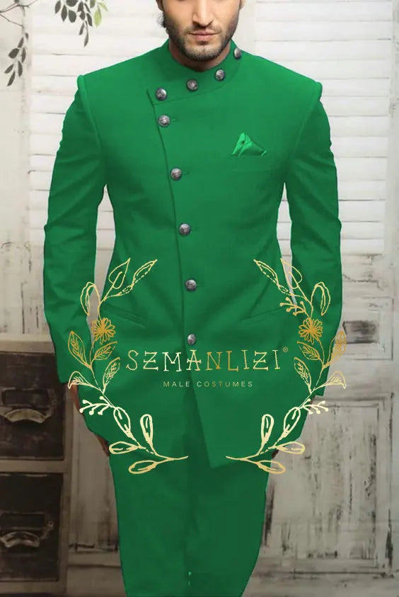 Navy blue Indian design men's suit by Showlu Fashion, slim fit formal blazer and matching pants for business or wedding occasions.