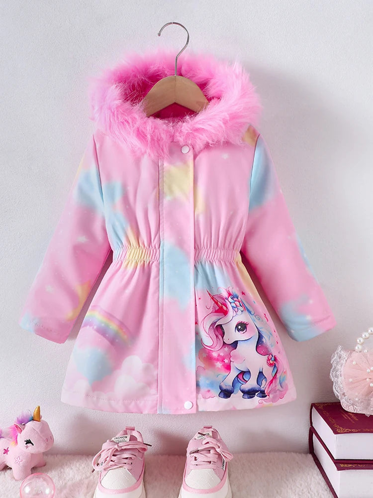 Pink unicorn winter coat for girls by Showlu Fashion, thick cotton padded jacket with whimsical unicorn design.