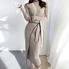 YuooMuoo Elegant Lace Up Turtleneck Knitted Long Dress Korean Fashion Khaki Black Rib Bandage Bodycon Sweater Dress Robe Femme