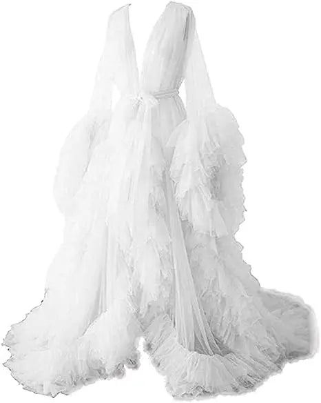 Deep V-neck lace maternity dress with tulle and feather details, long sleeves, designed for photo shoots and special occasions.