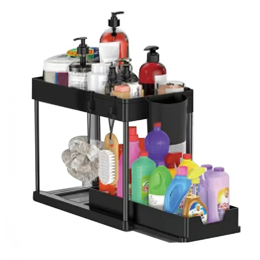 Showlu Smart General under sink organizer rack with multiple compartments for efficient kitchen or bathroom storage.