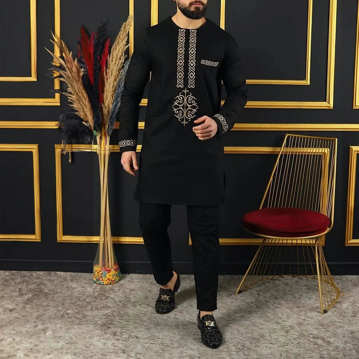 Men's white Kaunda suit by Showlu Fashion Store, traditional African 2-piece cotton set with intricate embroidery and classic design.