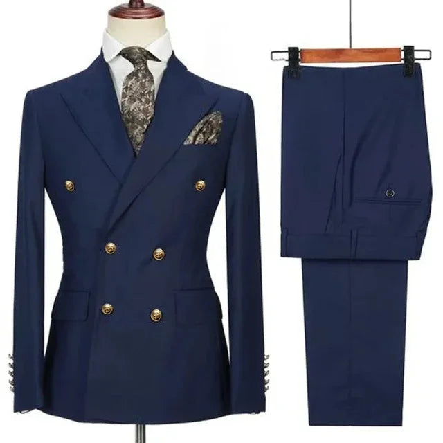 Royal blue men's double-breasted 2-piece suit from Showlu Fashion Store, tailored for business attire, with lapel and matching trousers.