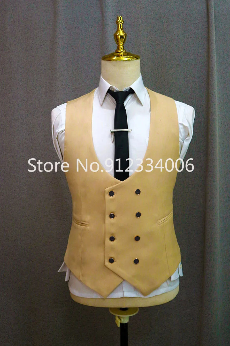 Formal men's 3-piece wedding suit by Showlu Fashion, includes blazer, vest, and pants in champagne color for groom or business wear.