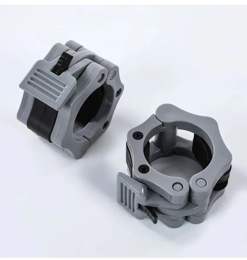 Showlu Fashion 50mm barbell clamp spin lock collar clips for weightlifting, featuring standard O-rod fixing nuts on a gym barbell.