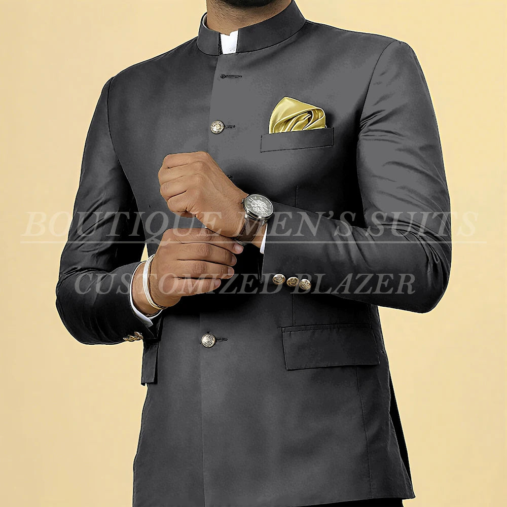 Elegant men's slim fit wedding suit with blazer and pants, single-breasted, stand lapel, customized formal 2-piece outfit by Showlu Fashion