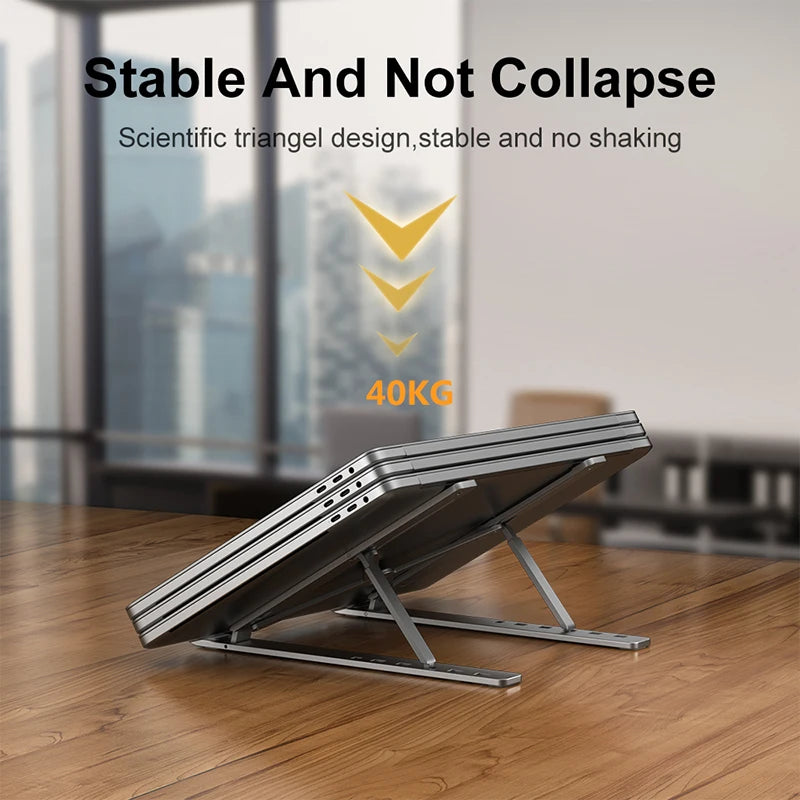 Showlu Aluminum Laptop Stand, foldable 6-level ergonomic riser for adjustable laptop elevation and improved workspace comfort.