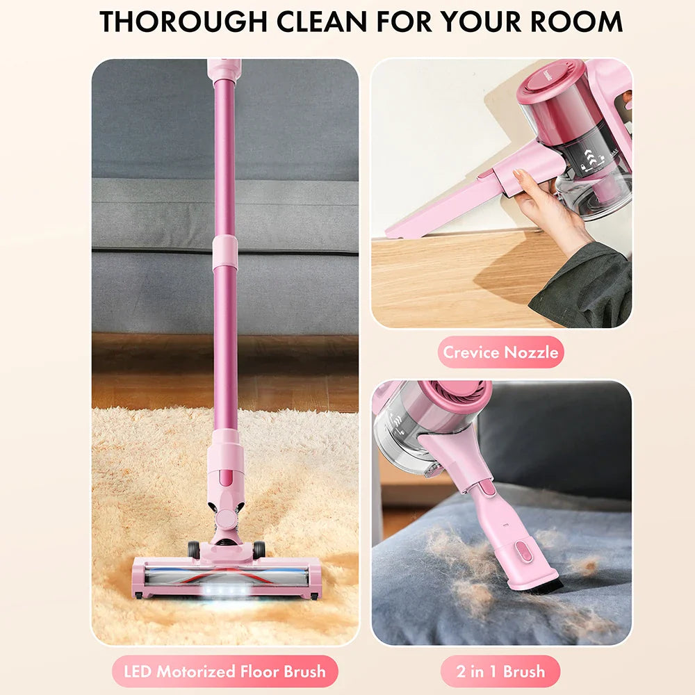Homeika cordless vacuum cleaner with LED display, 28KPA suction, 8-in-1 design, shown in a clean, modern home setting.