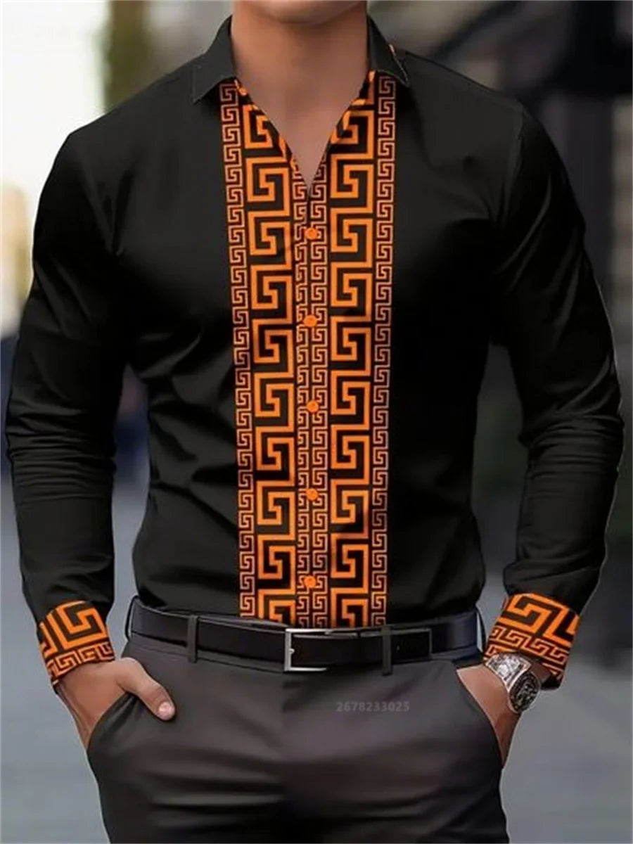 Men's patterned long-sleeved shirt with lapel and button-down front, stylish and comfortable casual top by Showlu Fashion Store