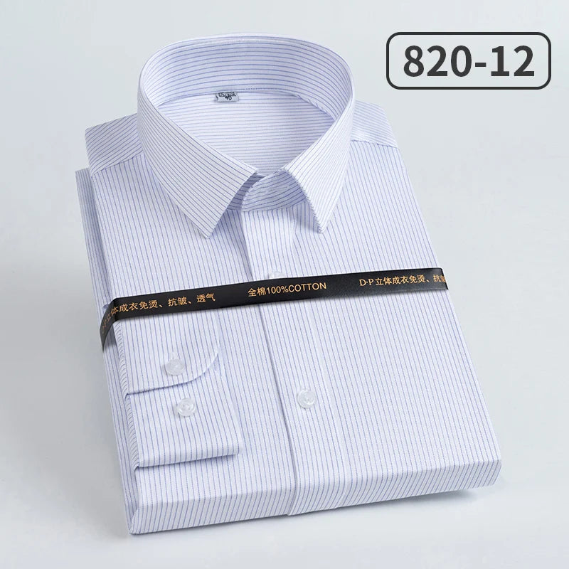 Men's slim fit cotton long sleeve shirt with striped heterochromatic collar, wrinkle-resistant, high-end light luxury fashion from Showlu.
