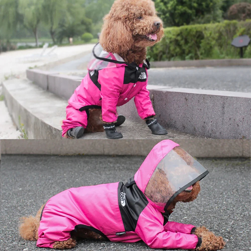 Showlu Waterproof Dog Raincoat with transparent hood and polyester jumpsuit for outdoor protection in rainy weather.