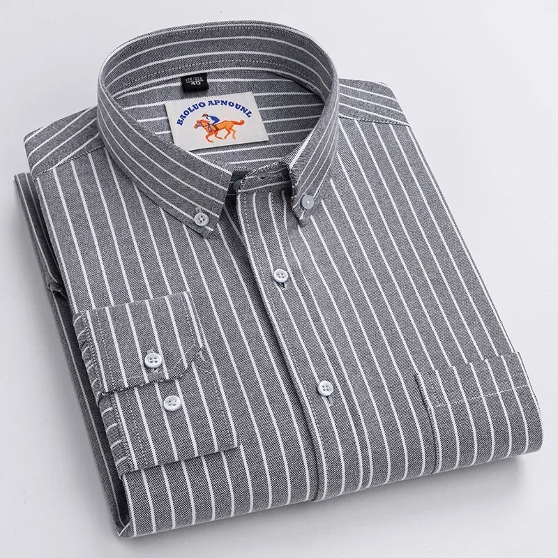 White men's casual cotton Oxford shirt with long sleeves and embroidered horse design, regular fit, fashion button front.