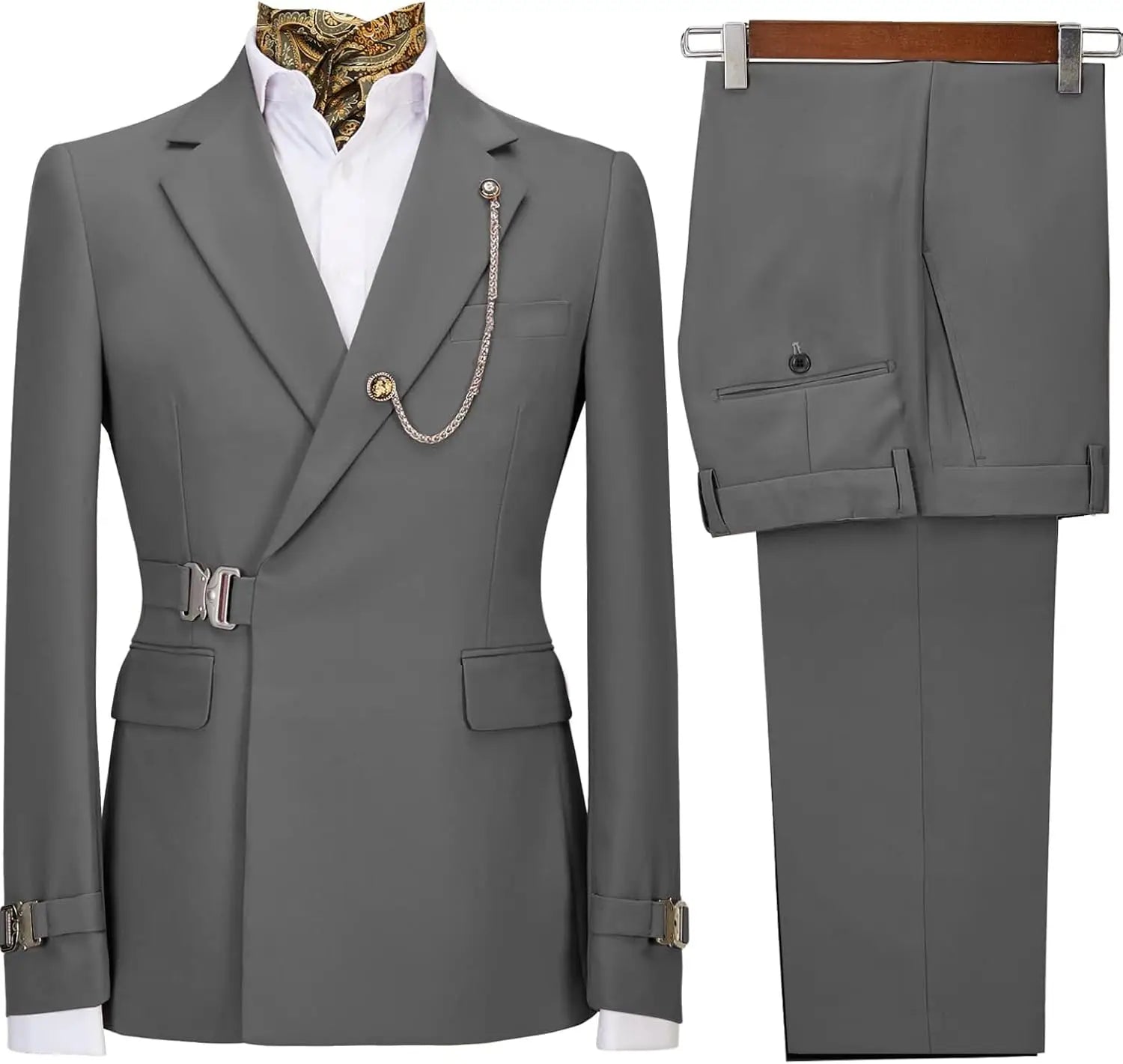 Men's slim fit tuxedo suit with metal clasp, stylish business casual 2-piece suit by Showlu Fashion Store, shown on a hanger.