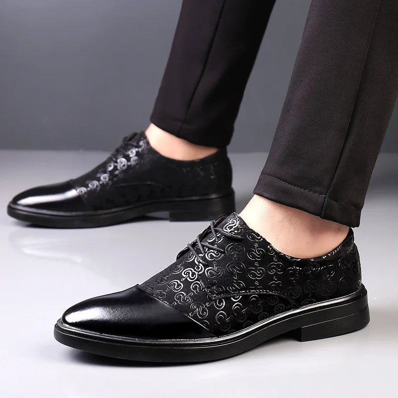 Men's black patent leather dress shoes with pointed toes and formal oxford style by Showlu Fashion Store.