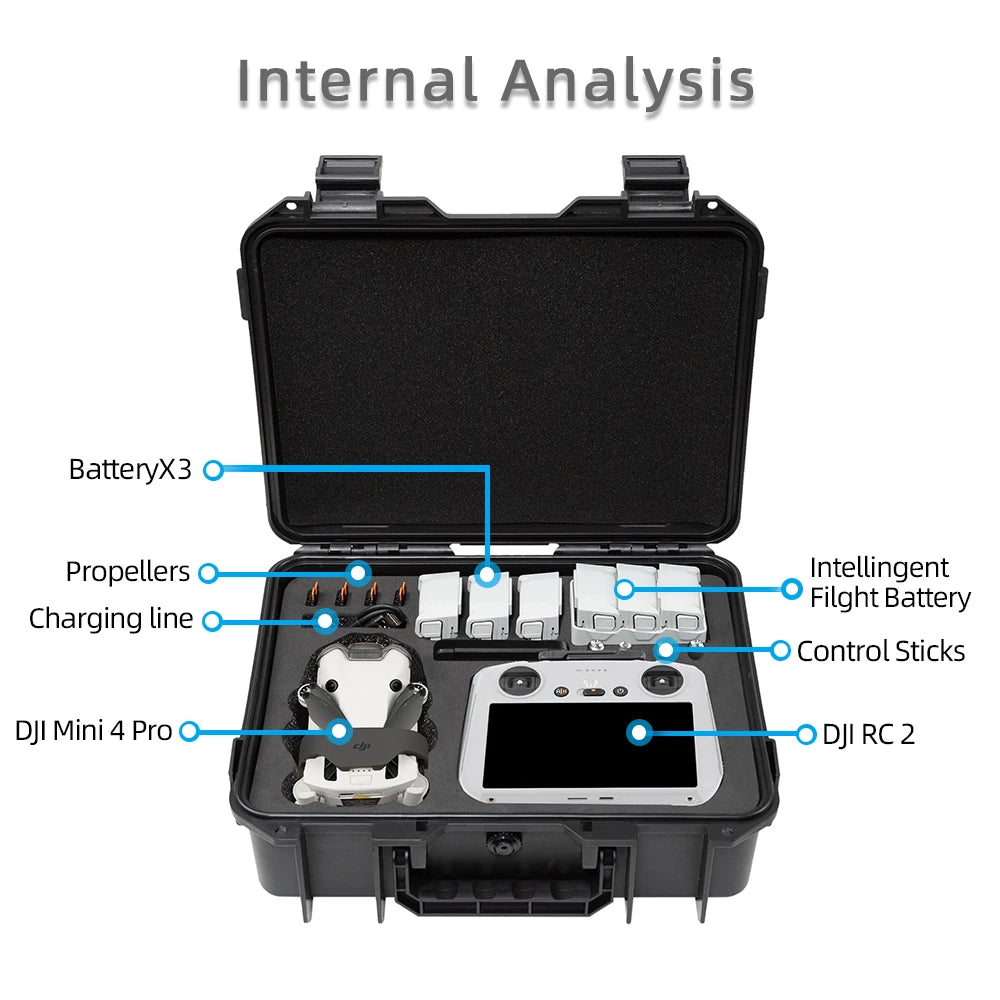 Waterproof, explosion-proof hard shell case for DJI Mini 4 Pro drone, showing its large capacity and durable design.