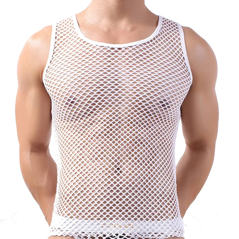 Men's fashion tank top by Showlu with hollow out mesh design, sleeveless breathable undershirt for casual wear.
