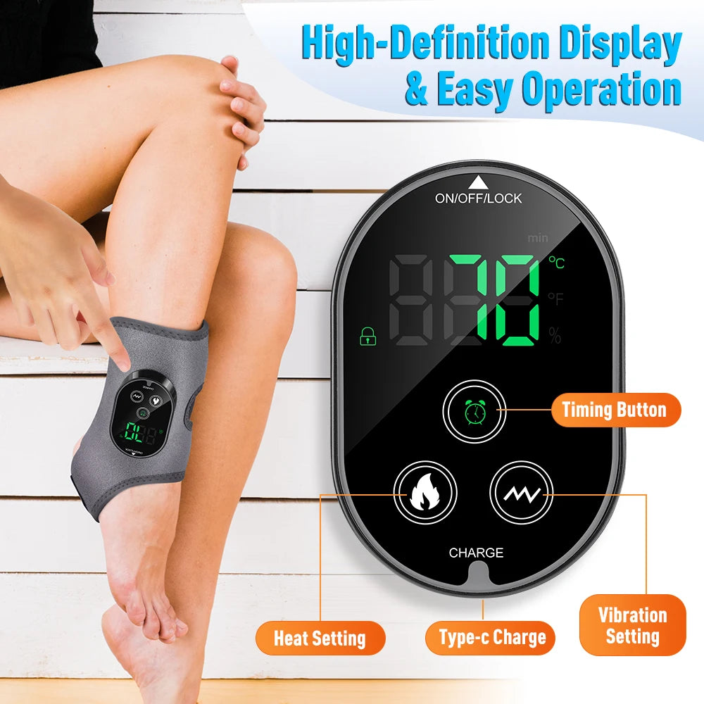 Electric foot and ankle massager with vibration, heating, and adjustable strap for muscle relaxation, rechargeable and suitable for winter use.