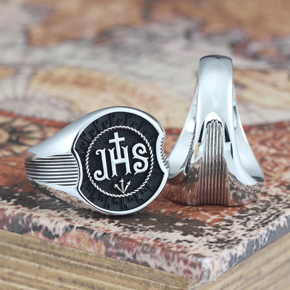 Sterling silver Christian ring featuring Jesus Christ Chi Rho IHS symbol, designed by TEECOIC for religious jewelry enthusiasts.