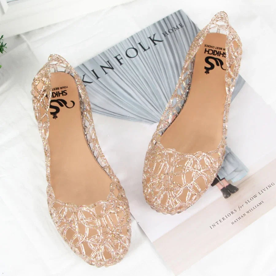 Women's Crystal Jelly Shoes by SHOWLU FASHION STORE, flat Roman beach sandals with transparent, sparkly jelly material and comfortable design.