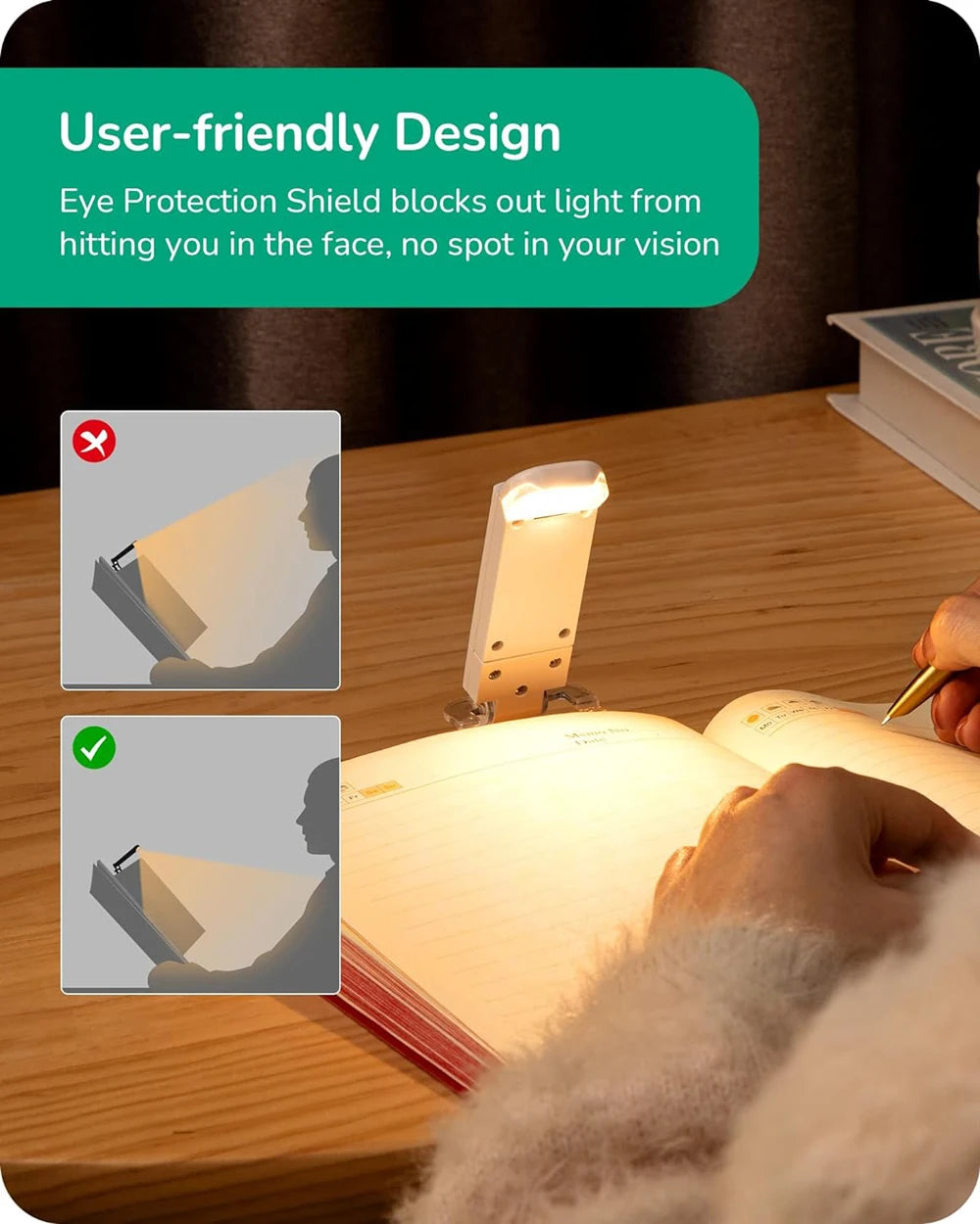 USB rechargeable amber book light by Showlu Smart General showing a compact, portable reading light with amber LED illumination.