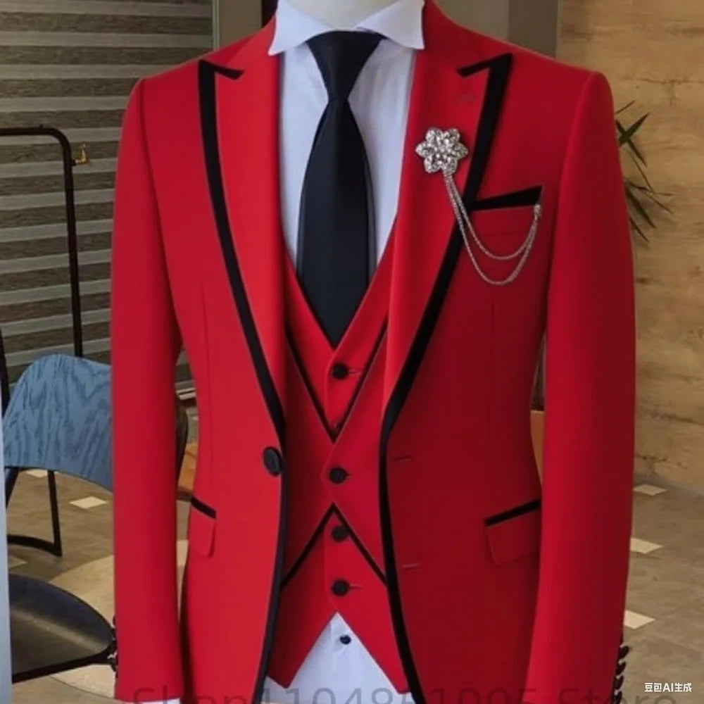 Men's solid slim fit 3-piece business suit set with blazer, vest, and pants for wedding or formal events, by Showlu Fashion Store.