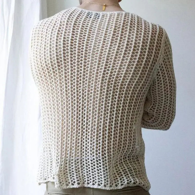 Mens Long Sleeve T-Shirts Sexy Sheer Mesh Fishnet Clubwear Tops Tee Outwear Gym Training  Hollow Out See Through Tops