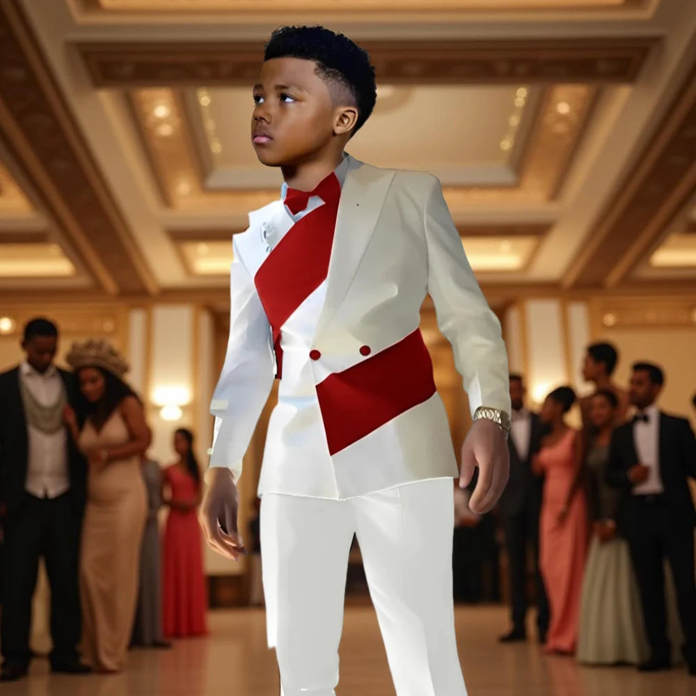 White satin boys suit set with double-breasted jacket and pants, slim fit tuxedo for children ages 2-16, perfect for weddings.