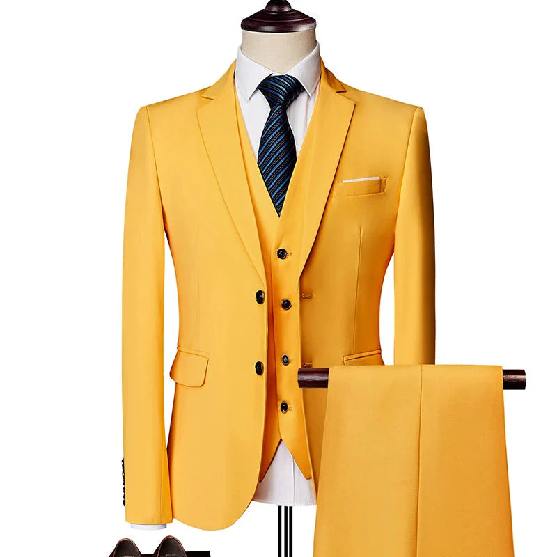 Pink three-piece men's wedding suit by SHOWLU FASHION STORE, slim fit business casual style with jacket, vest, and trousers.