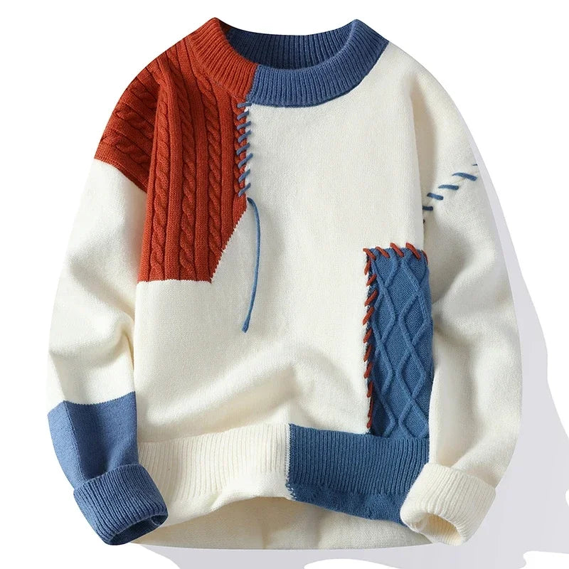 Male patchwork sweater by Showlu Fashion, featuring trendy high street style, warm autumn and winter pullover for men.
