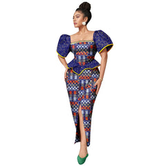 Africa Ankara Printed Women's Dress Short Sleeve Patchwork Square Neck Bubble Sleeve Split Dresses 2425186