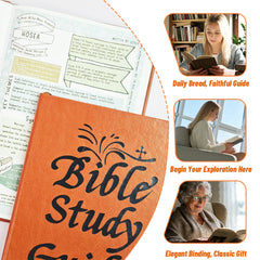 A brown leather Bible study notebook is displayed alongside three images of people reading books.