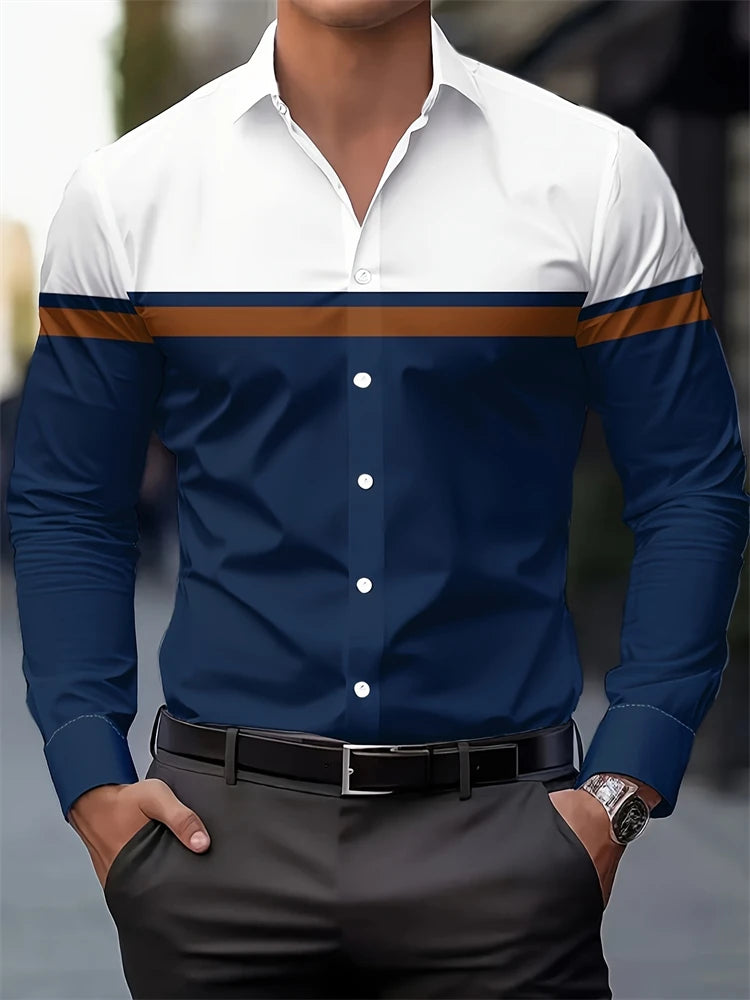 Multicolour striped men's long-sleeved shirt with buttons and lapel, casual autumn fashion made of polyester, comfortable and stylish.