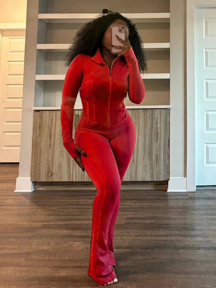 Women's JENYAGE two-piece tracksuit with flared pants and zip-up top, stylish activewear set from SHOWLU FASHION STORE