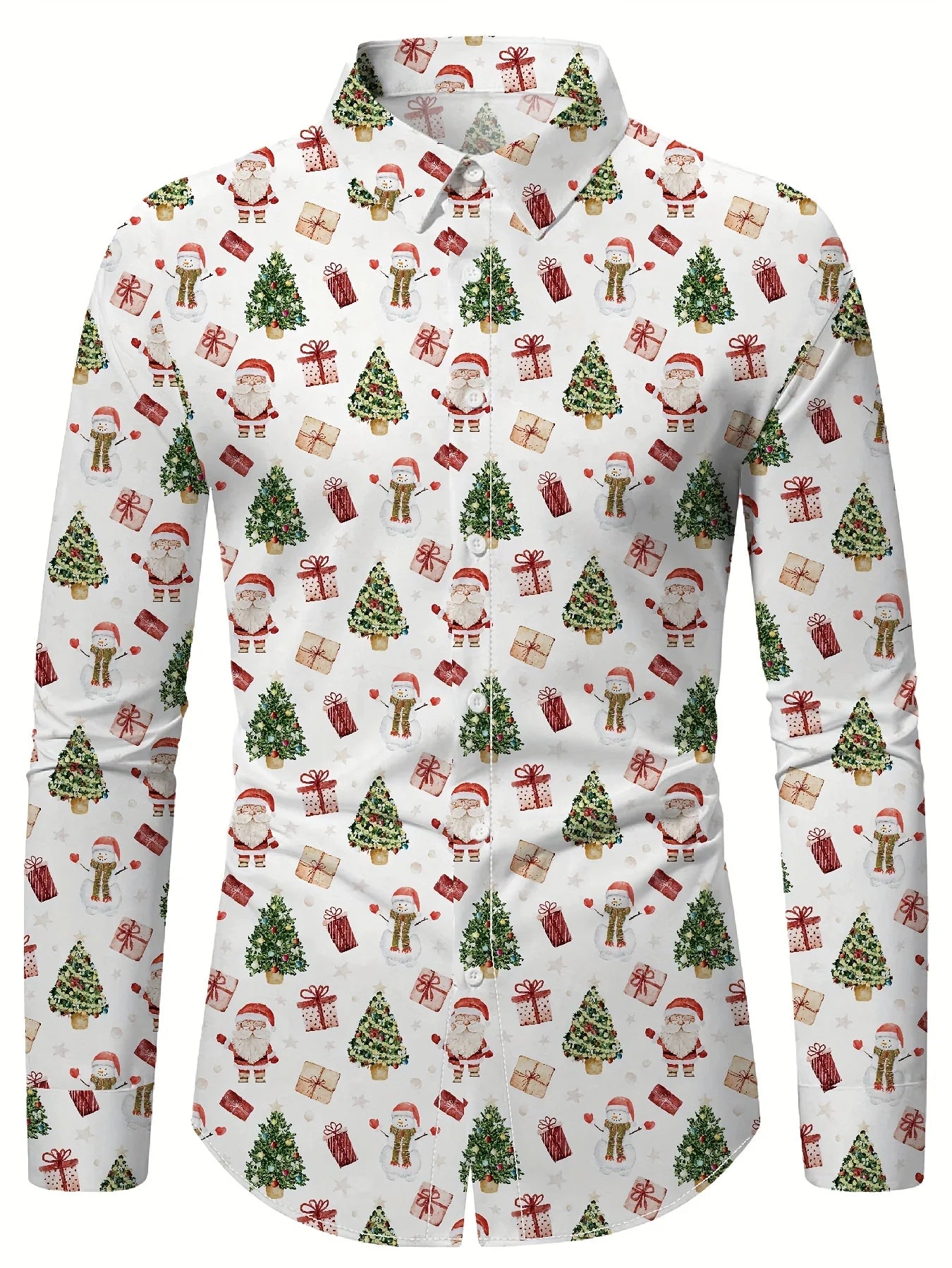 Men's Christmas festival themed long sleeve shirt with 3D printed Santa Claus and Christmas tree graphic by Showlu Fashion Store