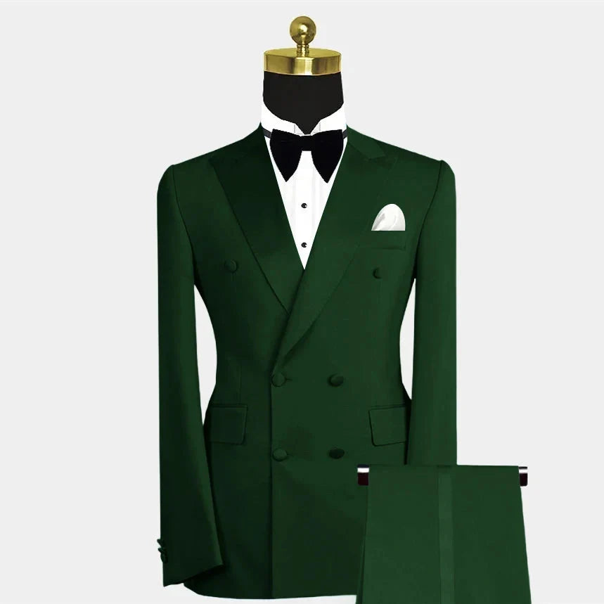 SHOWLU blue double-breasted men's slim fit 2-piece suit for wedding, featuring a tailored jacket and matching trousers.