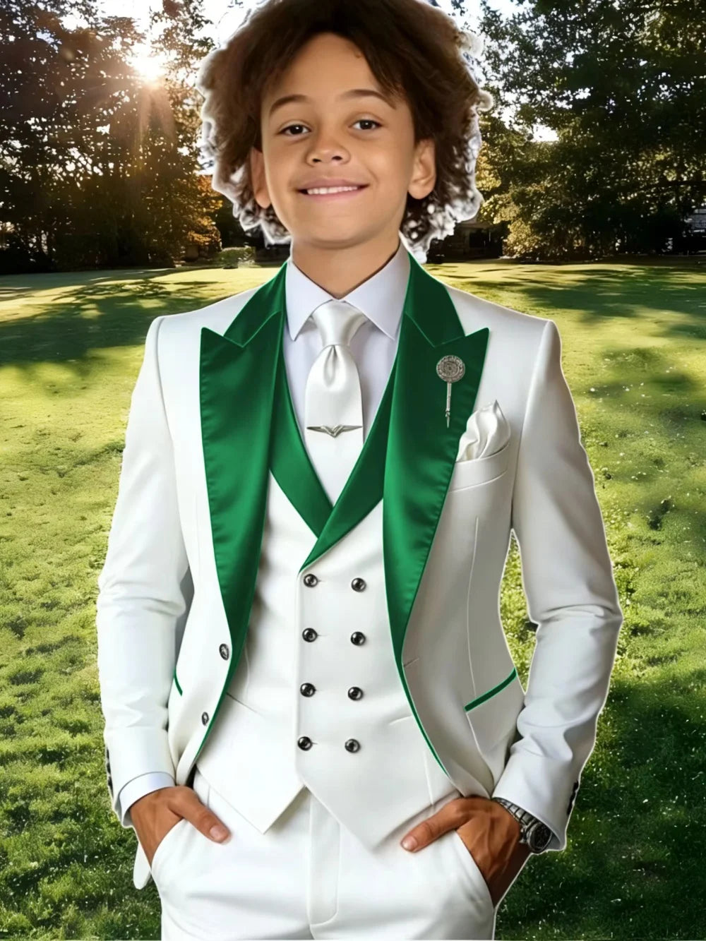 Kids suit set by Showlu Smart General with three-piece stage performance wear, featuring elegant design, classic peak lapel, and plus size.