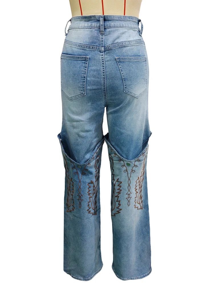 Vintage embroidery denim trousers for women, high-waist straight-leg jeans, casual summer fashion by Showlu Fashion Store.