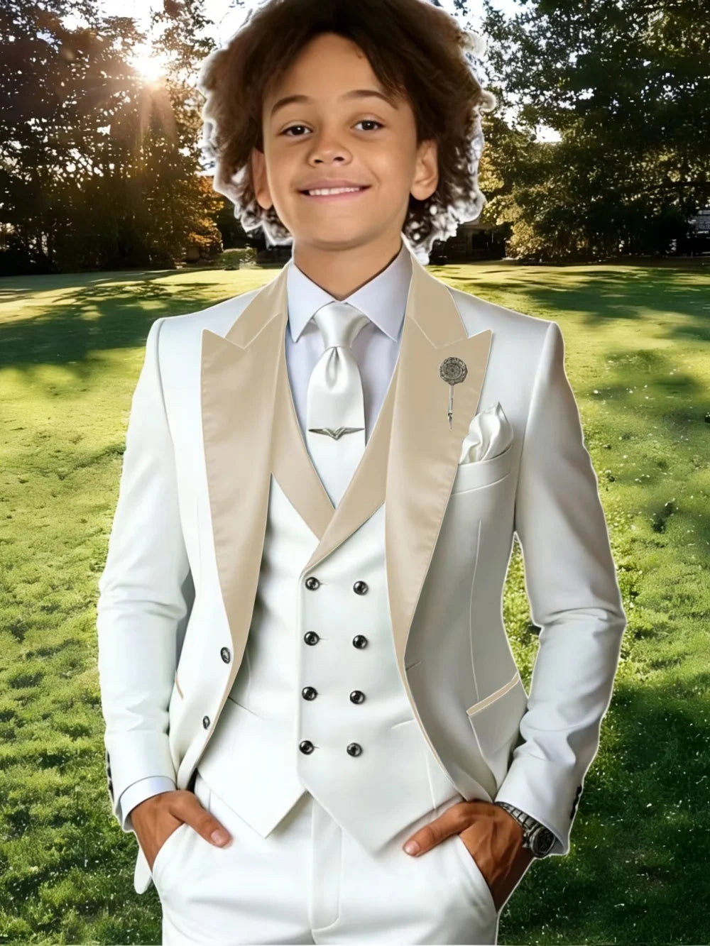 Kids' suit set by Showlu Smart General, includes three-piece performance wear with classic peak lapel, suitable for school activities.