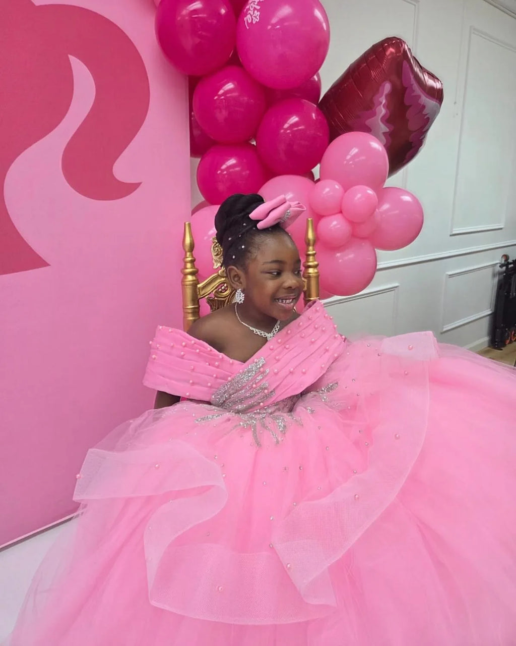 Luxury Pink Girl's Birthday Party Dresses Customized Ball Gown Flower Girl Dresses Off Shoulder Princess Girl Pageant Gowns
