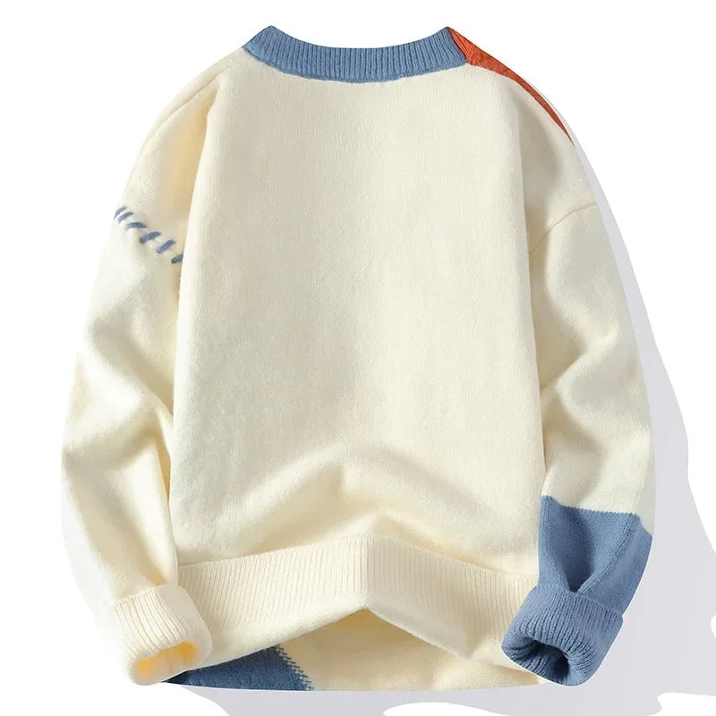 Men's knitted patchwork sweater with long sleeves, O-neck design, wool blend, casual style, shown in a spliced, slightly stretchy look.