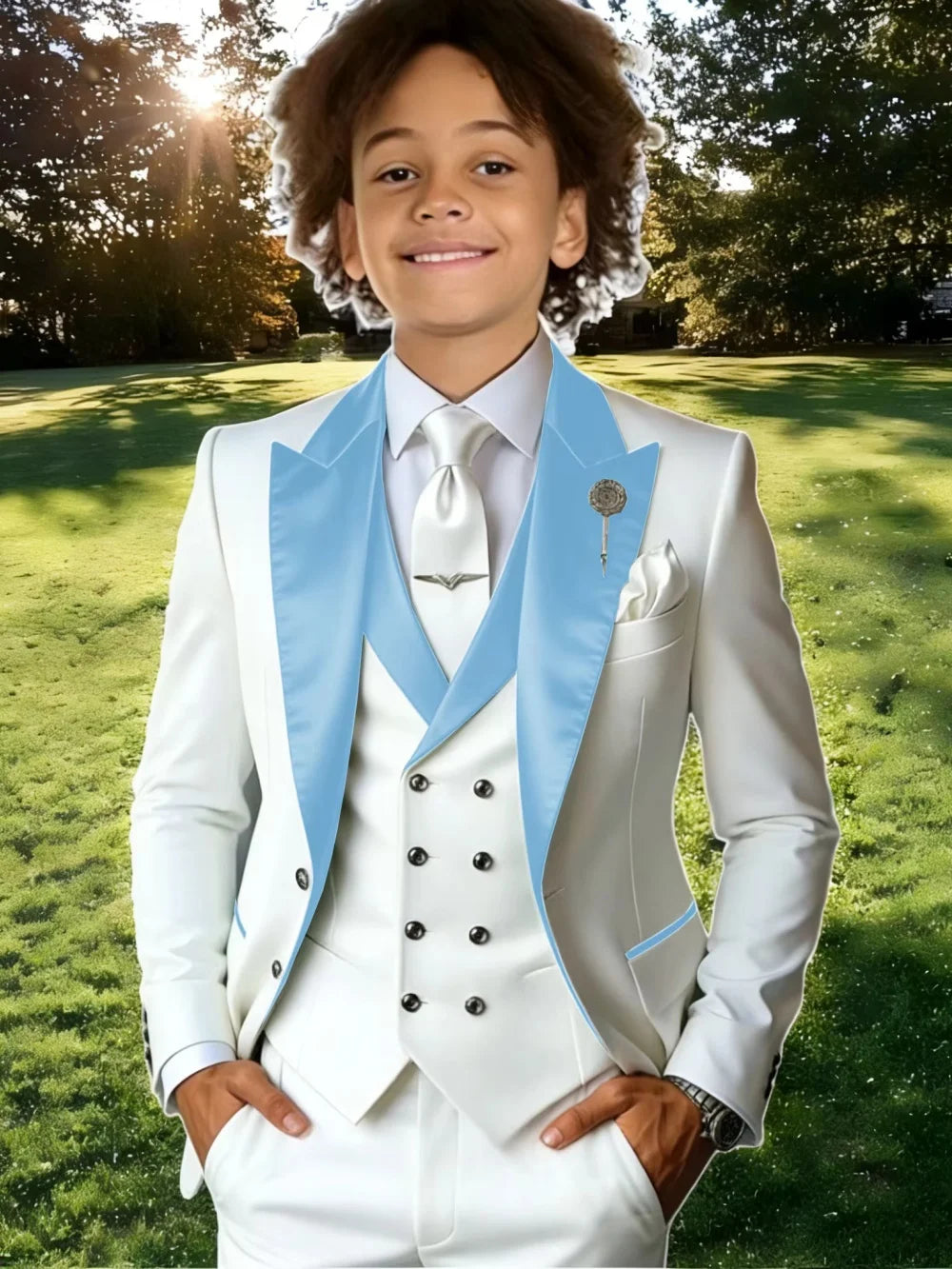 Elegant boys' suit set by Showlu Smart General featuring a classic peak lapel, perfect for school activities and stage performances.