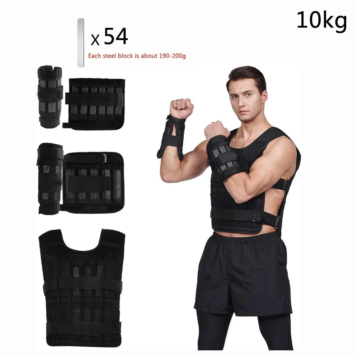 Showlu adjustable weight vest and ankle weights for strength training, featuring padded straps and durable materials.