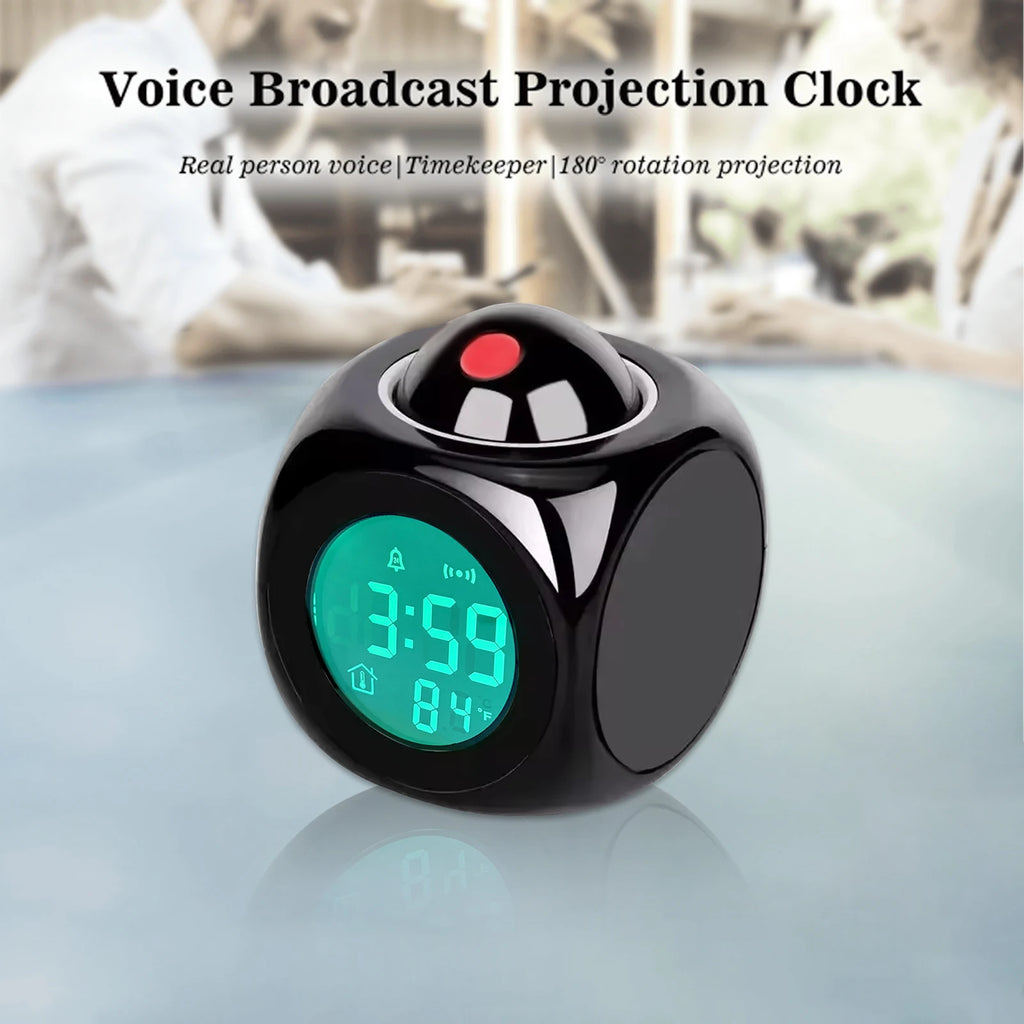 Showlu Smart LED Alarm Clock with digital LCD projector displaying time and temperature in a modern room setting.