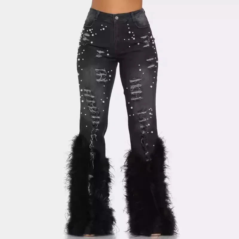 SHOWLU Women's Y2K high waist feather tassel vintage denim jeans, stylish high-rise jeans with feather tassel details.