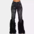 SHOWLU Women's Y2K high waist feather tassel vintage denim jeans, stylish high-rise jeans with feather tassel details.
