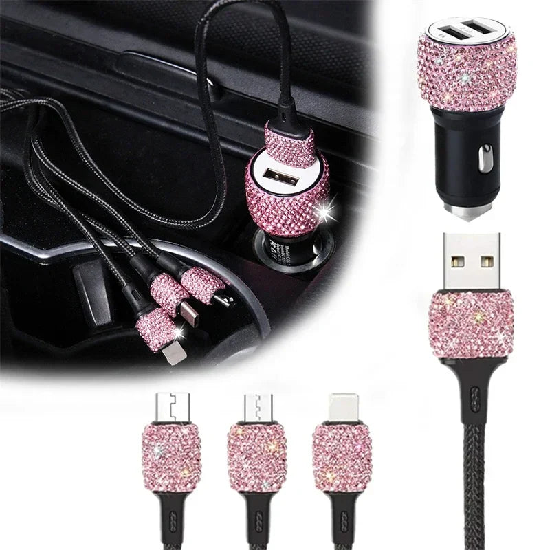 Pink crystal Showlu dual USB car charger with 3-in-1 charging cable, compact design for convenient in-car device charging.