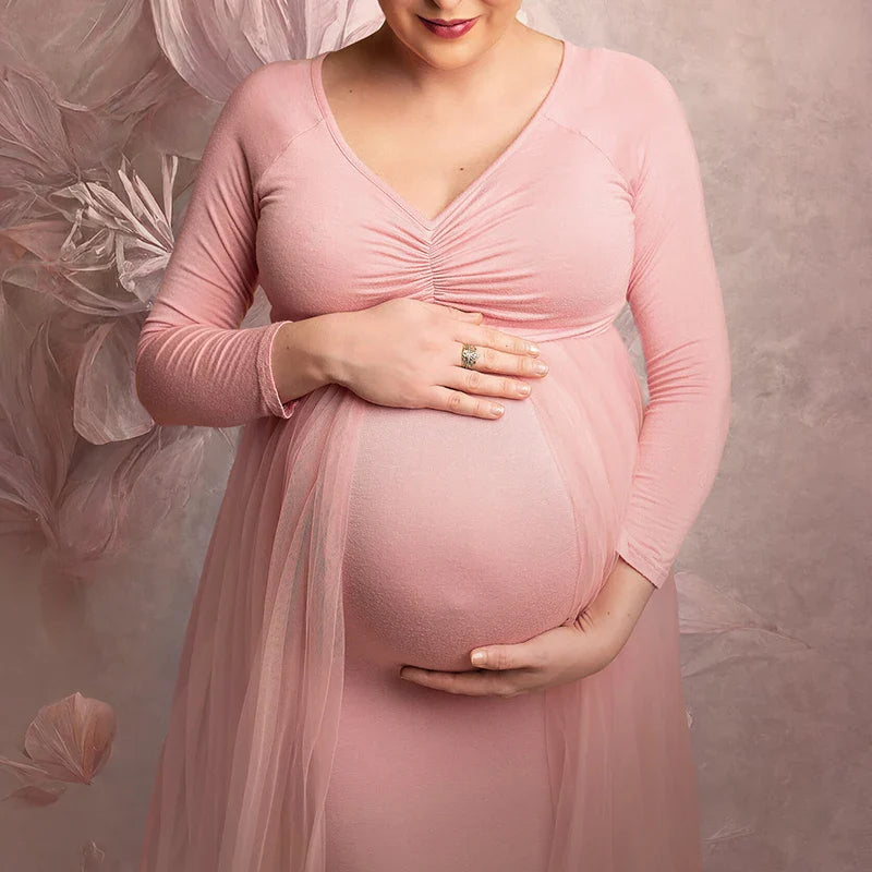 SHOWLU long sleeve mesh maternity dress with train, ideal for photoshoots, featuring elegant sheer fabric and flowing silhouette.