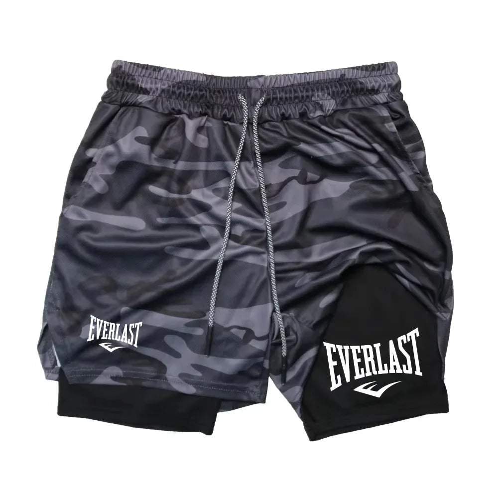 Men's 2-in-1 running shorts from Showlu Fashion featuring double-deck design, gym fitness, and jogging style.